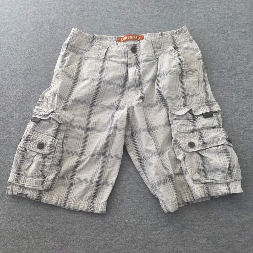 Lee Dungarees Mens Plaid Cargo Shorts Grey White Size 29 Cotton Z823